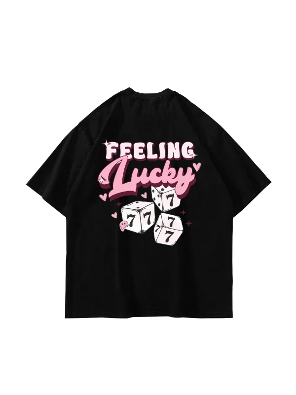 777 Lucky Baskılı Oversize Unisex Siyah Tshirt