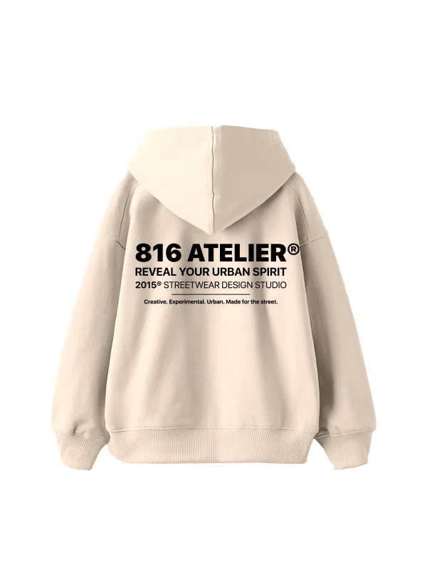 816 ATELIER® Baskılı Oversize Unisex Bej Hoodie