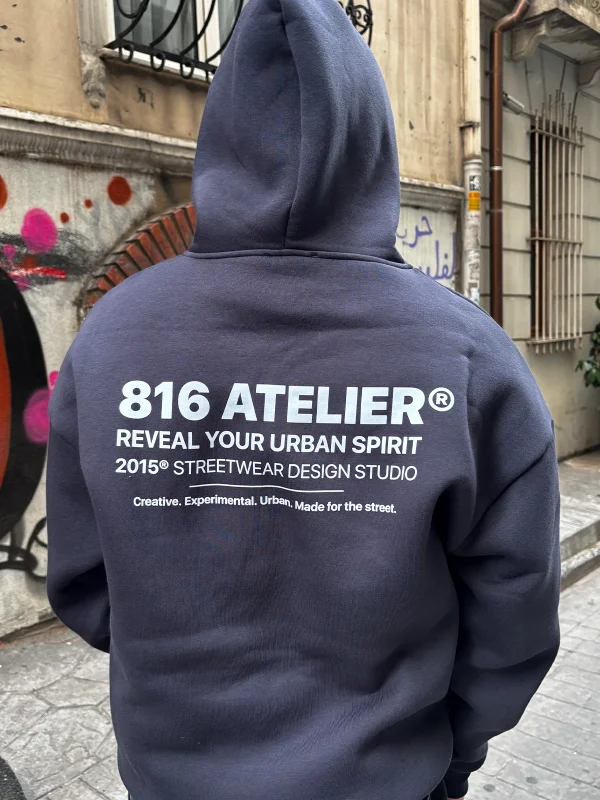 816 ATELIER® Baskılı Oversize Unisex Füme Hoodie
