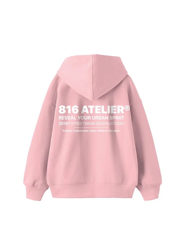 816 ATELIER® Baskılı Oversize Unisex Pembe Hoodie