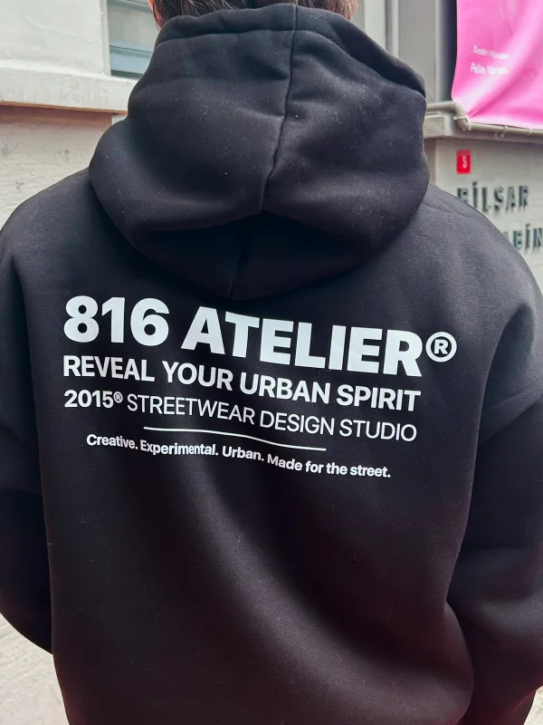 816 ATELIER® Baskılı Oversize Unisex Siyah Hoodie