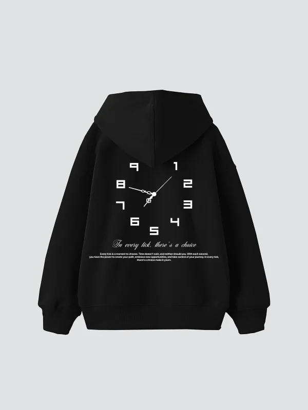 816 Clock Baskılı Oversize Unisex Siyah Hoodie