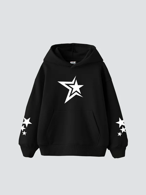 816 Stars Baskılı Oversize Unisex Siyah Hoodie
