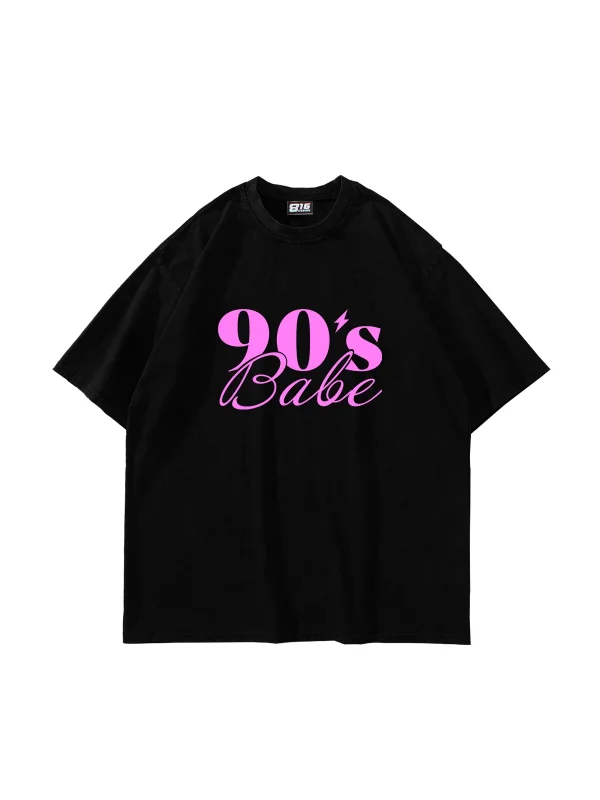 90s Babe Baskılı Oversize Unisex Siyah Tshirt