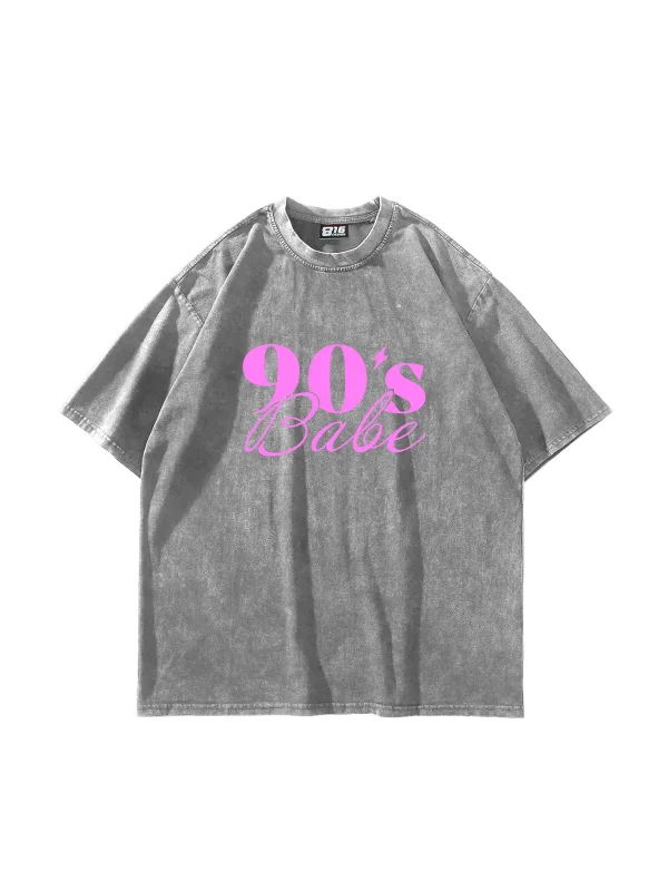 90s Babe Baskılı Oversize Unisex Yıkamalı Beyaz Tshirt