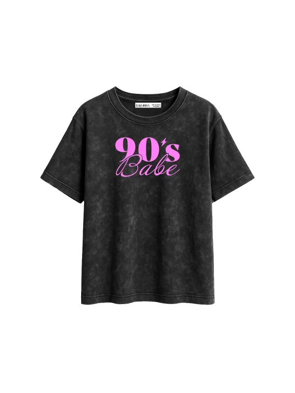 90s Babe Baskılı Relaxed Fit Yıkamalı Siyah Kadın Tshirt
