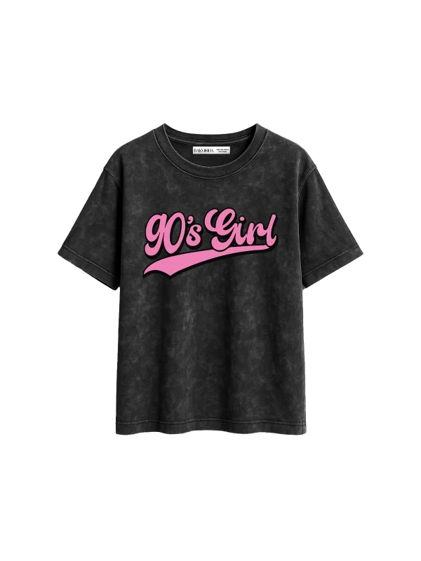 90s Girl Baskılı Relaxed Fit Yıkamalı Siyah Kadın Tshirt