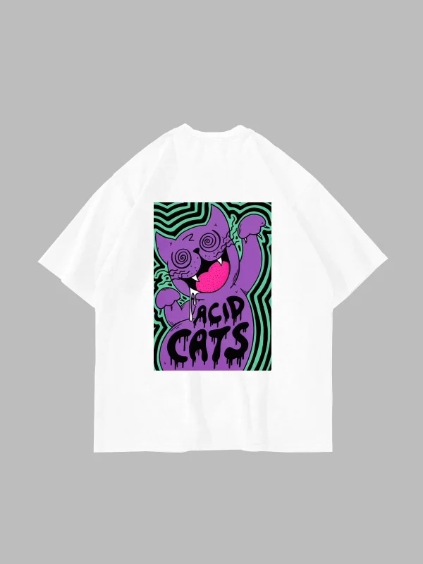 Acid Cat Sırt Baskılı Beyaz Oversize Unisex Tshirt
