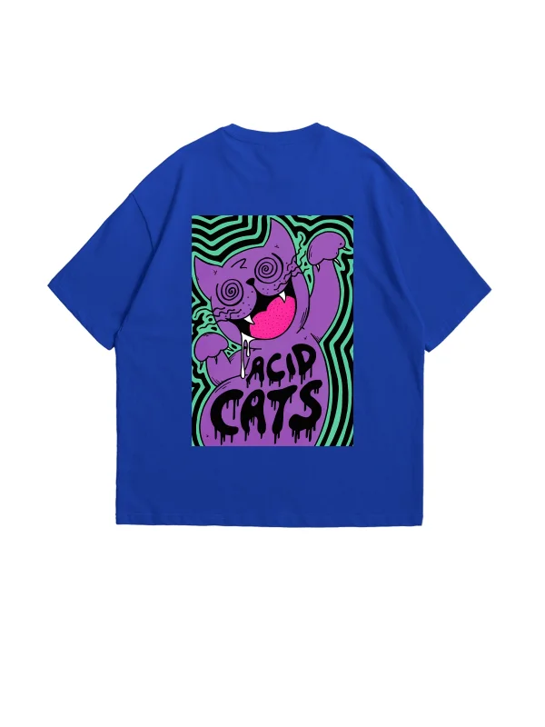 Acid Cat Sırt Baskılı Mavi Oversize Unisex Tshirt