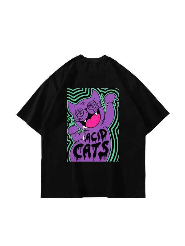 Acid Cat Sırt Baskılı Siyah Oversize Unisex Tshirt