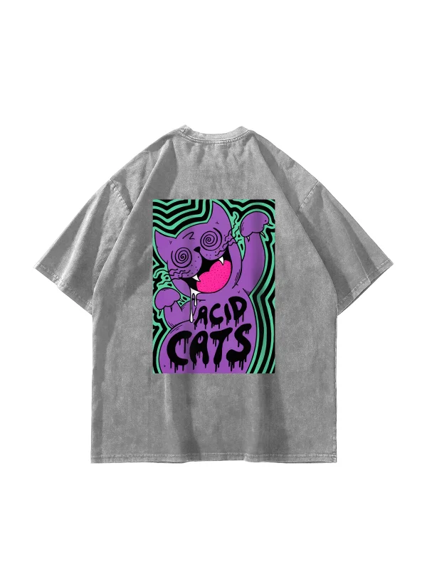 Acid Cat Sırt Baskılı Yıkamalı Beyaz Oversize Unisex Tshirt
