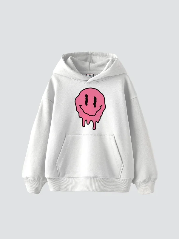 Acid Smile Baskılı Oversize Unisex Beyaz Hoodie