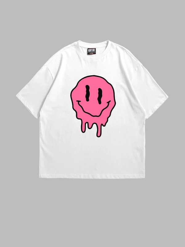 Acid Smile Baskılı Oversize Unisex Beyaz Tshirt