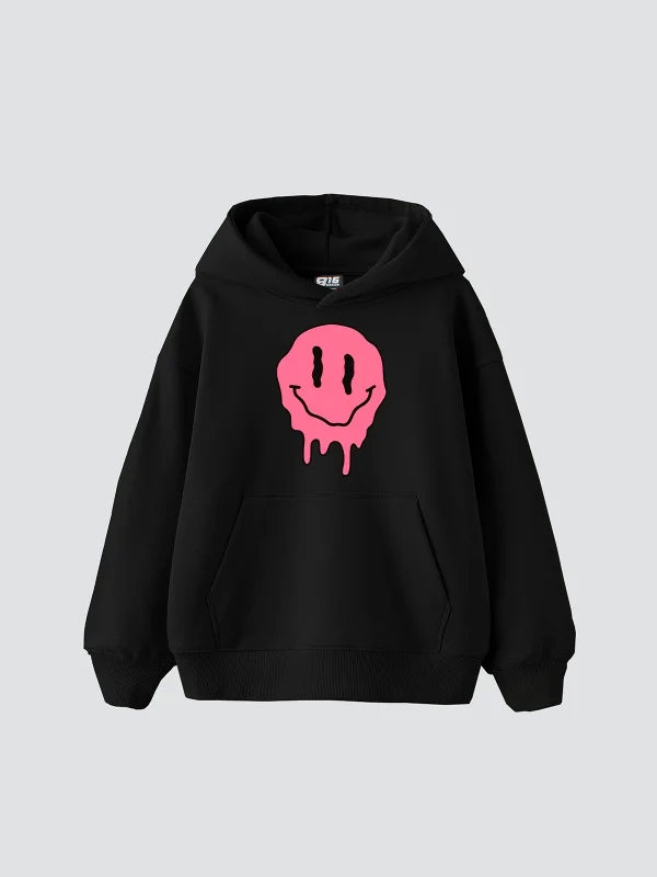 Acid Smile Baskılı Oversize Unisex Siyah Hoodie