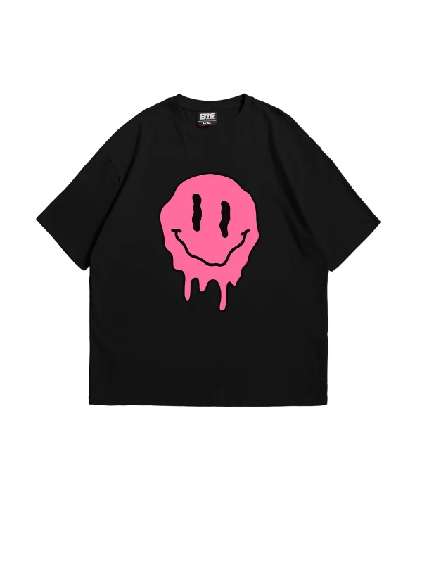 Acid Smile Baskılı Oversize Unisex Siyah Tshirt
