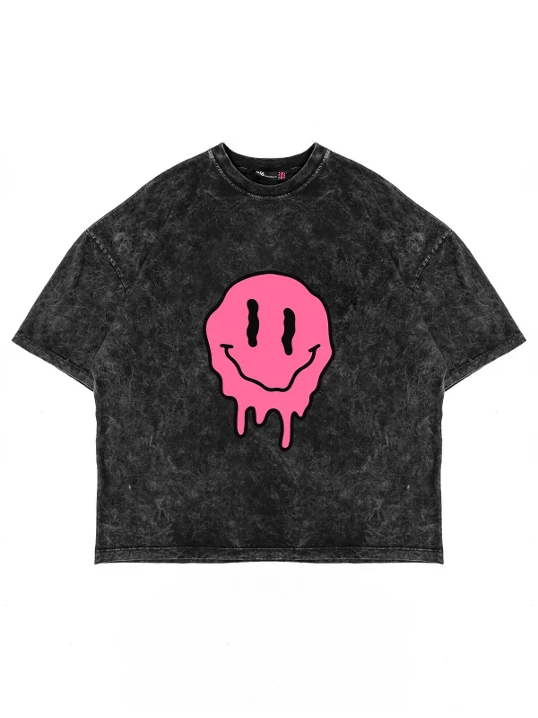 Acid Smile Baskılı Oversize Unisex Yıkamalı Siyah Tshirt