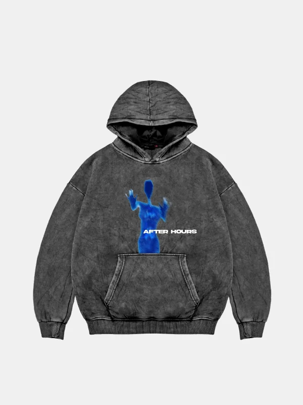 After Hours Baskılı Oversize Unisex Premium Yıkamalı Siyah Hoodie
