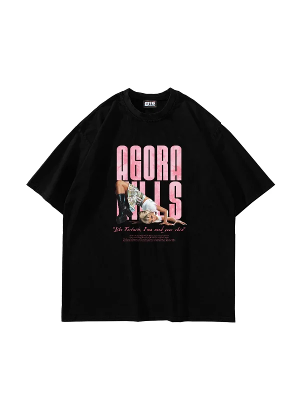 Agora Hills Baskılı Oversize Unisex Siyah Tshirt