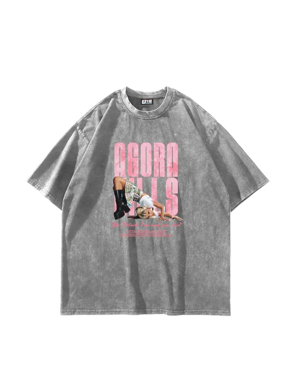 Agora Hills Baskılı Oversize Unisex Yıkamalı Beyaz Tshirt