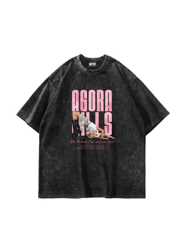 Agora Hills Baskılı Oversize Unisex Yıkamalı Siyah Tshirt