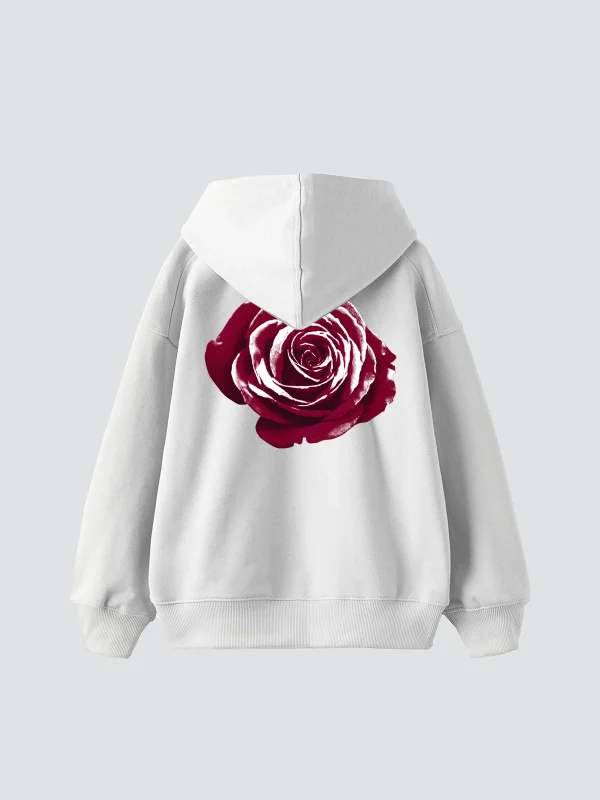 Alert Rose Baskılı Oversize Unisex Beyaz Hoodie