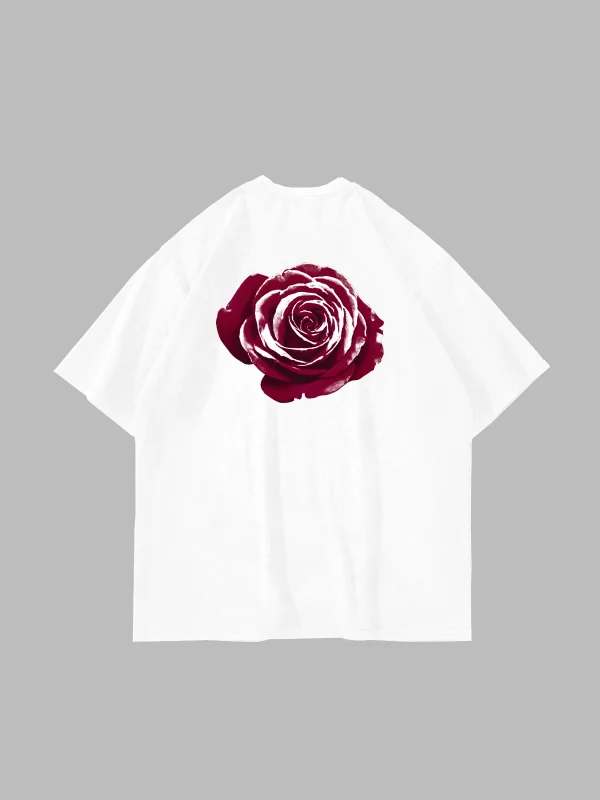 Alert Rose Baskılı Oversize Unisex Beyaz Tshirt
