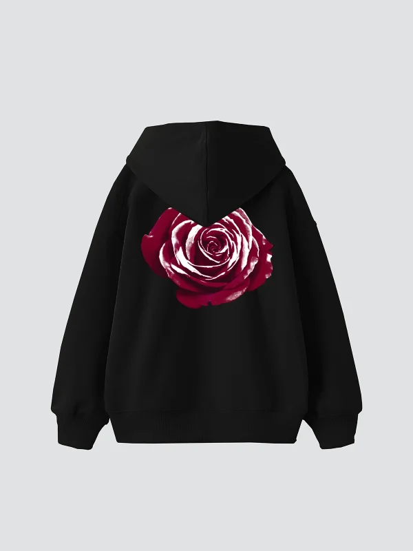 Alert Rose Baskılı Oversize Unisex Siyah Hoodie