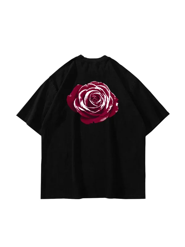 Alert Rose Baskılı Oversize Unisex Siyah Tshirt