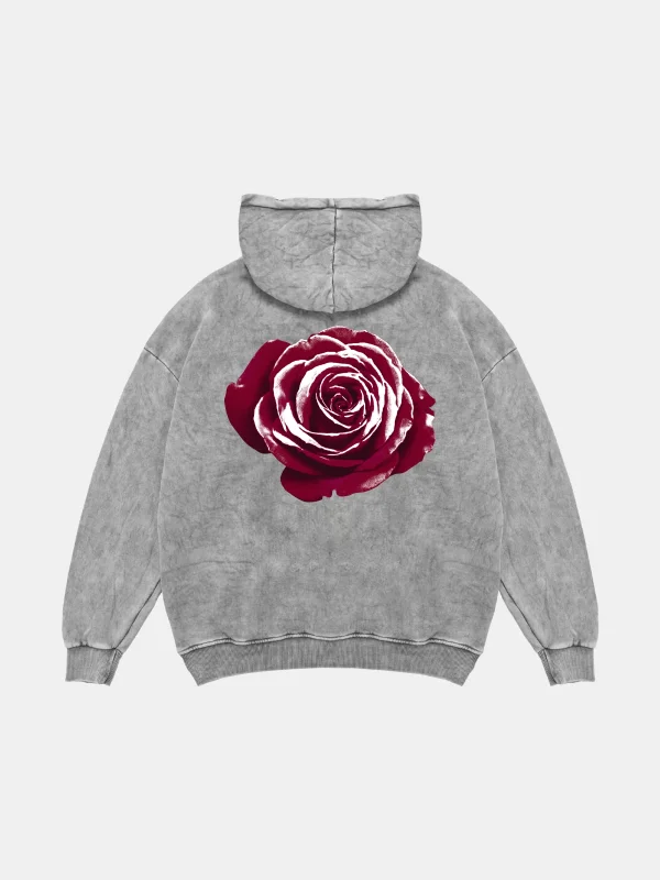 Alert Rose Baskılı Oversize Unisex Yıkamalı Beyaz Hoodie