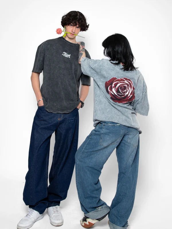Alert Rose Baskılı Oversize Unisex Yıkamalı Beyaz Tshirt