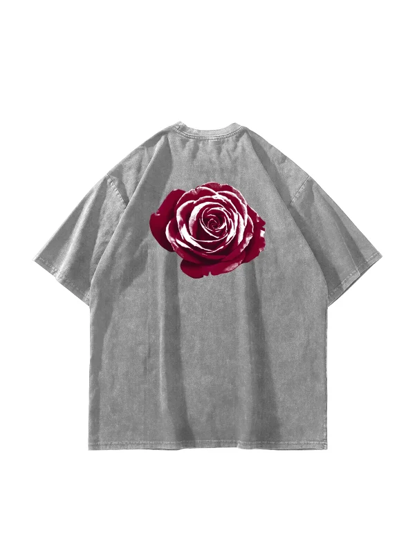 Alert Rose Baskılı Oversize Unisex Yıkamalı Beyaz Tshirt