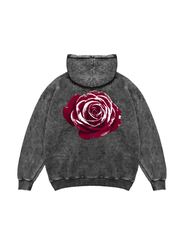 Alert Rose Baskılı Oversize Unisex Yıkamalı Siyah Hoodie