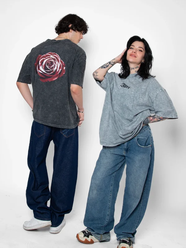 Alert Rose Baskılı Oversize Unisex Yıkamalı Siyah Tshirt