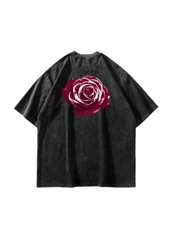 Alert Rose Baskılı Oversize Unisex Yıkamalı Siyah Tshirt