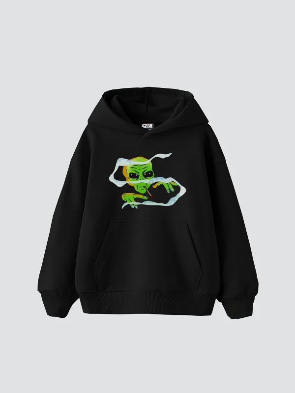 Alien Smoke Baskılı Oversize Unisex Siyah Hoodie
