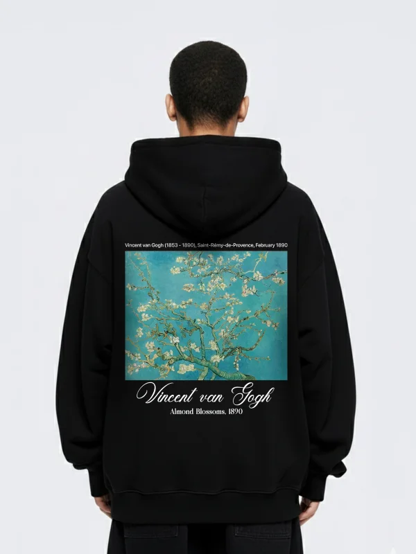 Almond Blossoms Baskılı Oversize Unisex Siyah Hoodie