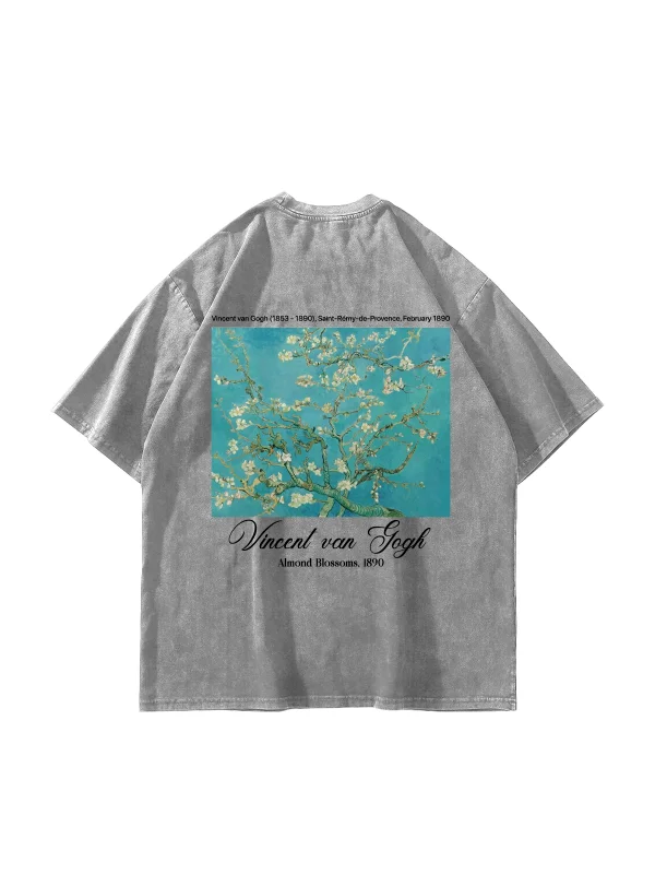 Almond Blossoms Baskılı Oversize Unisex Yıkamalı Beyaz Tshirt