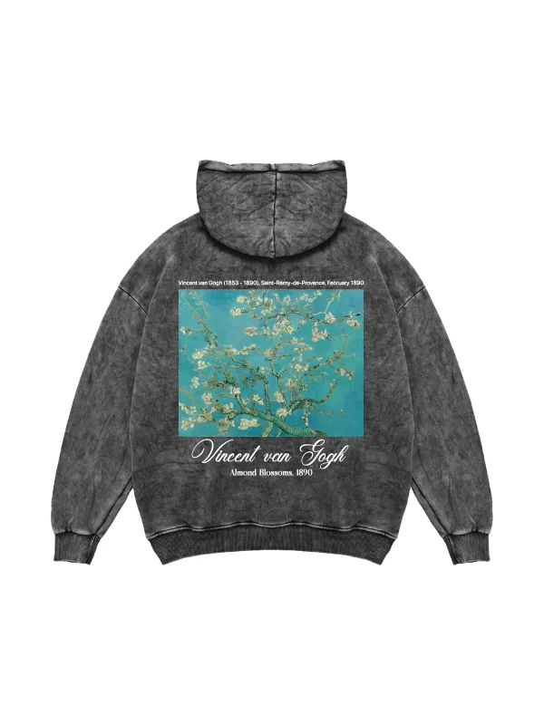 Almond Blossoms Baskılı Oversize Unisex Yıkamalı Siyah Hoodie