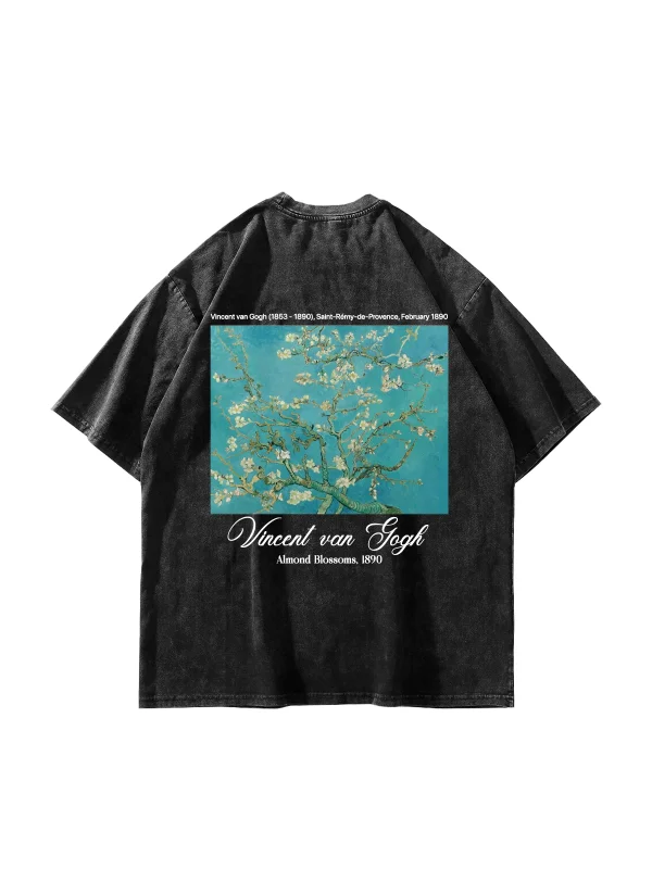 Almond Blossoms Baskılı Oversize Unisex Yıkamalı Siyah Tshirt