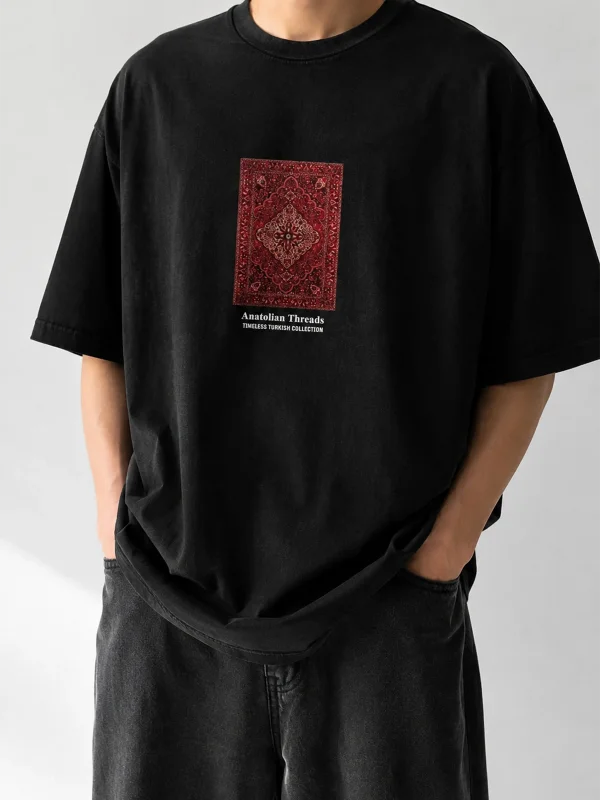 Anatolian Threads Baskılı Oversize Unisex Siyah Tshirt