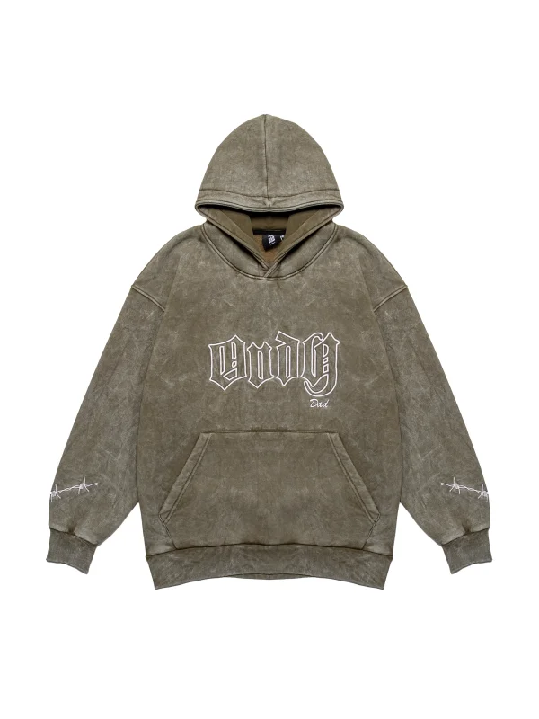 Andy Nakış Detaylı Yıkamalı Oversize Unisex Haki Hoodie