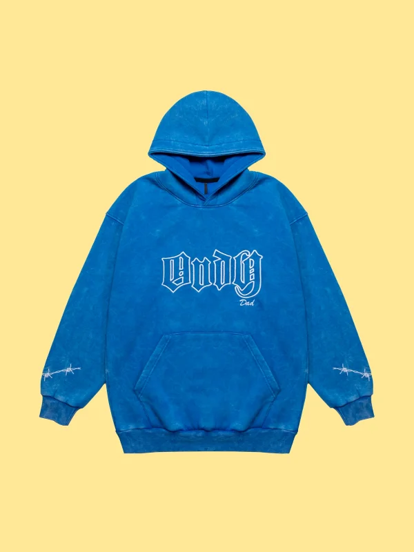Andy Nakış Detaylı Yıkamalı Oversize Unisex Mavi Hoodie