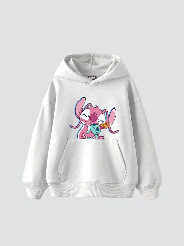 Angel Stitch Baskılı Oversize Unisex Beyaz Hoodie