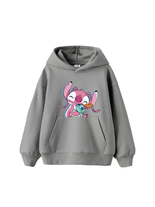 Angel Stitch Baskılı Oversize Unisex Gri Hoodie