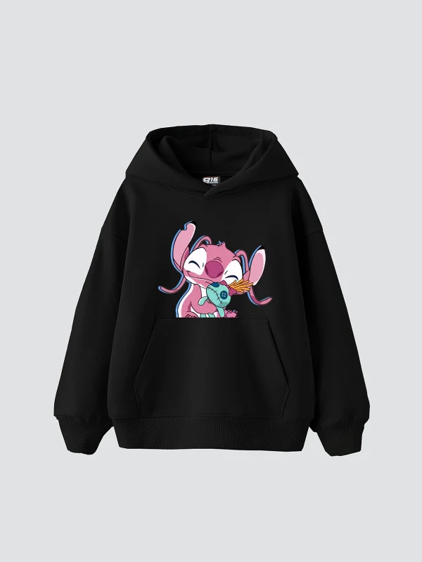 Angel Stitch Baskılı Oversize Unisex Siyah Hoodie