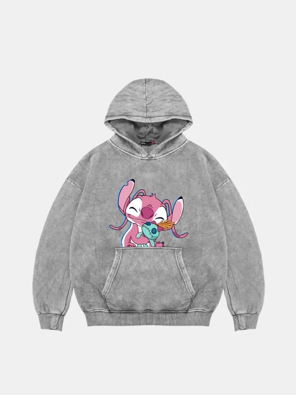 Angel Stitch Baskılı Oversize Unisex Yıkamalı Beyaz Hoodie