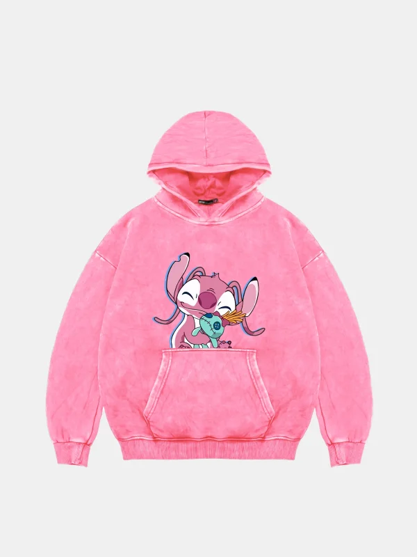 Angel Stitch Baskılı Oversize Unisex Yıkamalı Pembe Hoodie