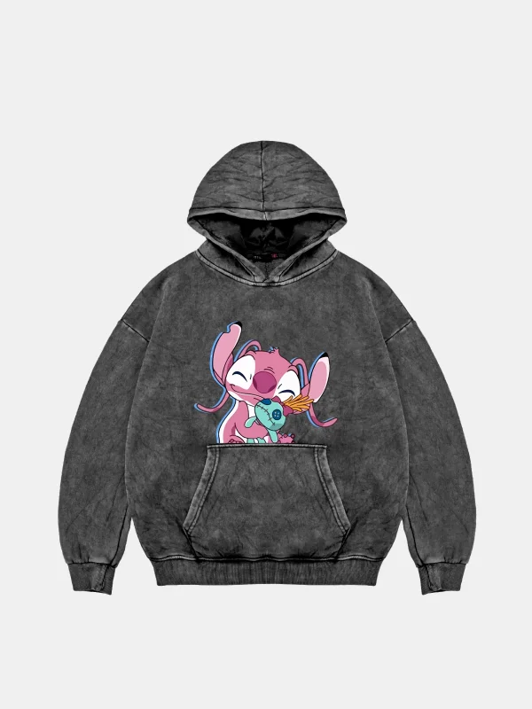 Angel Stitch Baskılı Oversize Unisex Yıkamalı Siyah Hoodie