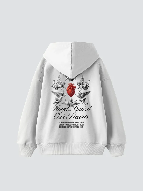 Angels Guard Our Hearts Baskılı Oversize Unisex Beyaz Hoodie