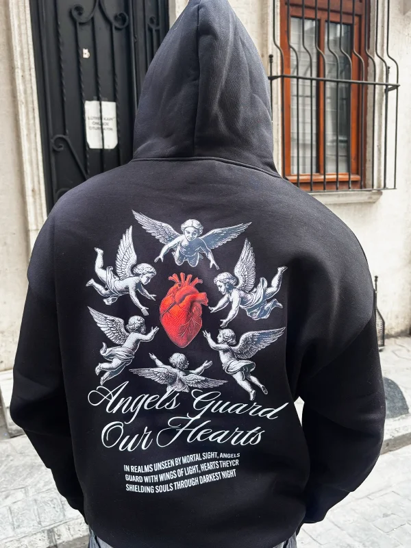 Angels Guard Our Hearts Baskılı Oversize Unisex Siyah Hoodie
